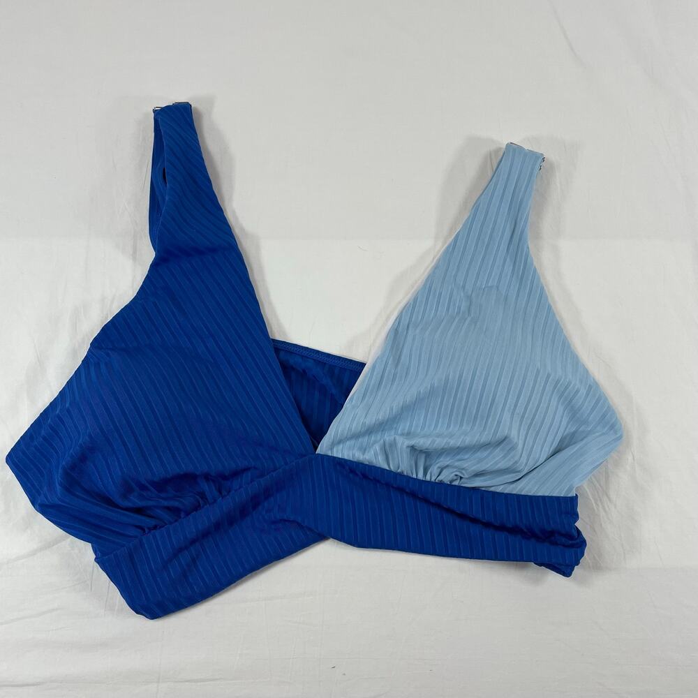 Colorblock Ribbed Bikini Top Blue Light Blue Plus Size 3XL Women's Swim